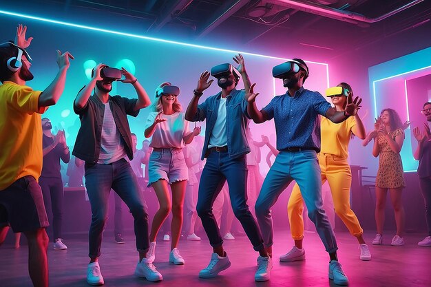 People dancing at an immersive party with virtual reality headset and bright neon colors