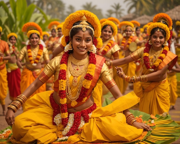 People dancing in the Onam festival with joy and happiness