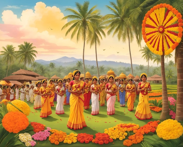 People dancing in the Onam festival with joy and happiness