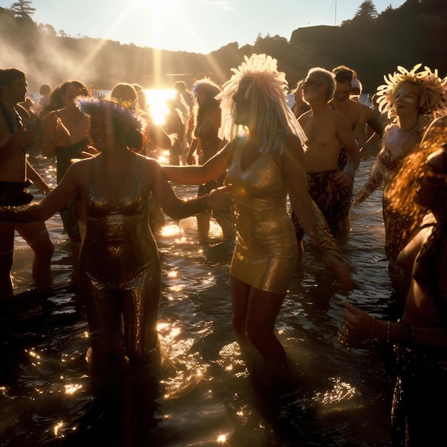 People dancing in the water with the sun shining on them.