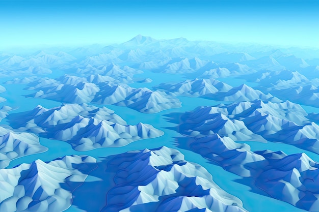 People in darkness wander over a valley of frigid blue A blue background with hazy mountains A di