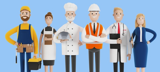 People of different professions Builder female waiter cook engineer doctor and teacher Labor Day 3D illustration in cartoon style