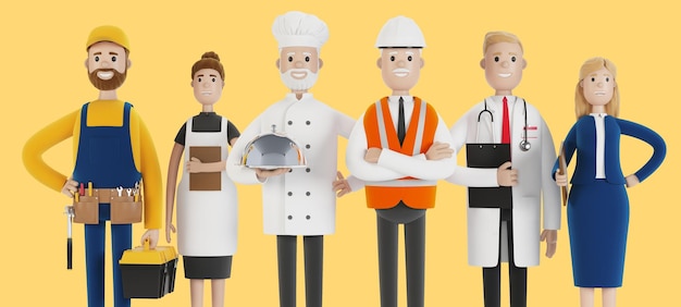 People of different professions Builder female waiter cook engineer doctor and teacher Labor Day 3D illustration in cartoon style