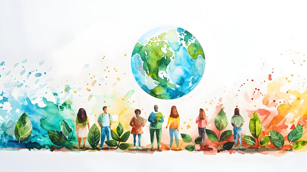 People Discussing Watercolor Earth and Eco Friendly Projects in 3D Flat Icon Concept