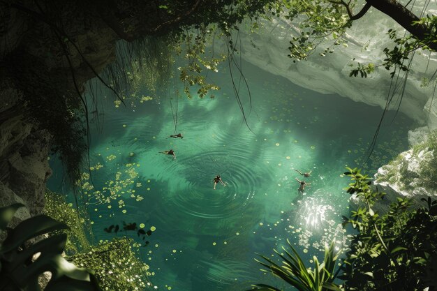 Photo people diving into a clear lagoon surrounded by lush vegetations