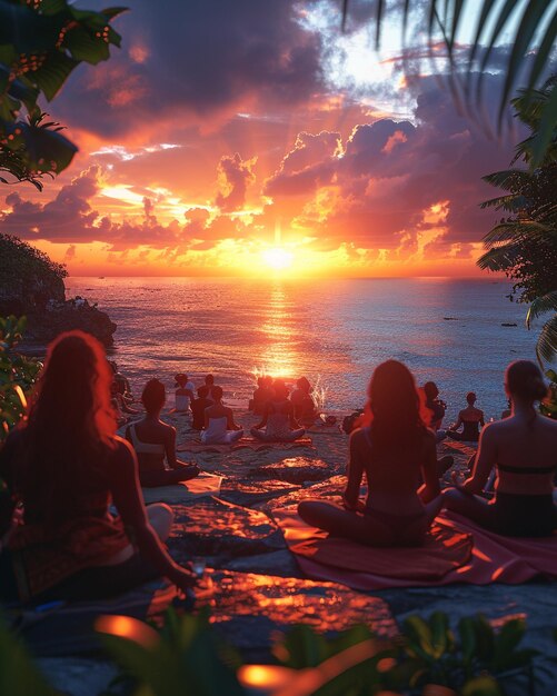 People doing yoga on the beach at sunset