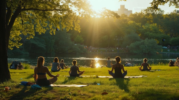 People doing yoga in a serene outdoor park natural and peaceful environment