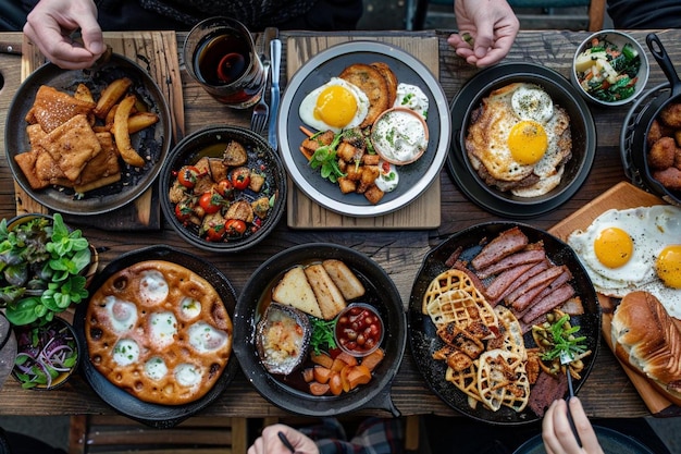 People eating different breakfast meals together view from above