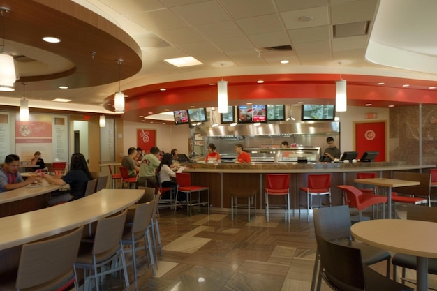 People eating in food court cafeterias