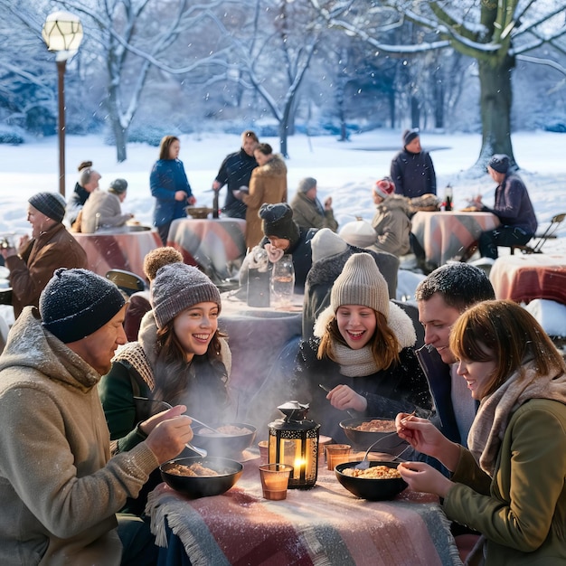 Photo people eating in a snowy park with a red blanket on the ground