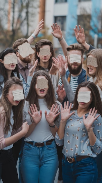 People emotions and communication concept group of friends or students covering faces with paper