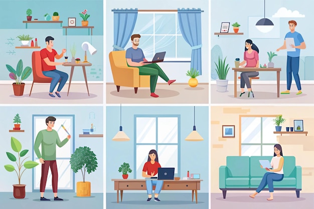 People Engaged in Various Home Activities During SelfIsolation Orders Vector Illustration