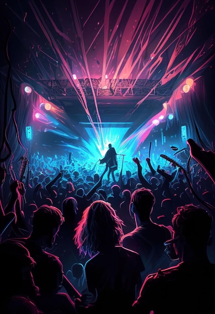 People enjoy concert by dancing and singing in neon nightclub Created with Generative AI technology