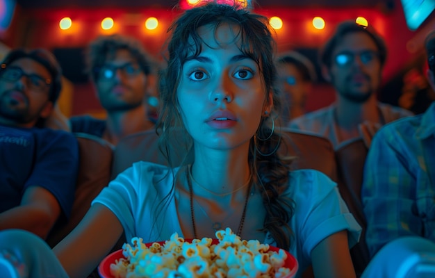 Photo people enjoying a movie in a theater sitting in comfortable seats with popcorn focused on the screen