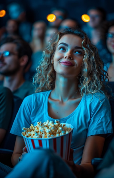 Photo people enjoying a movie in a theater sitting in comfortable seats with popcorn focused on the screen