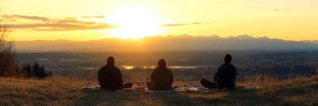 Photo people enjoying sunset view with snacks on blanket