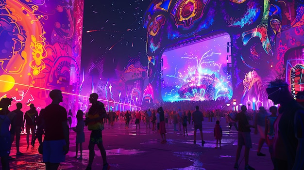 Photo people enjoying a vibrant neonlit outdoor music festival at night with colorful visuals and energetic atmosphere