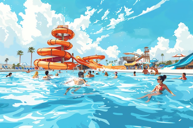 People enjoying water slides splashing in the wave pool or relaxing by the pool vacation