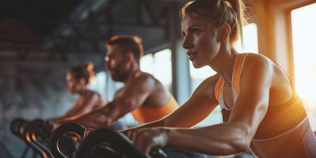 People exercising on stationary bikes in a gym setting perfect for promoting fitness and wellness programs