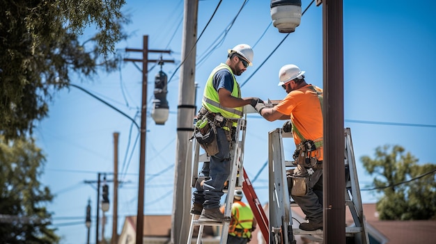 people fixing power lines on tall poles