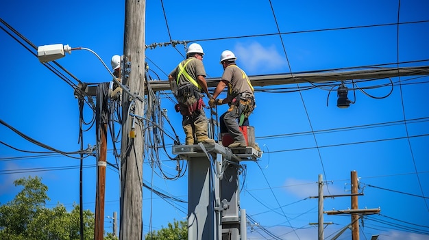 people fixing power lines on tall poles