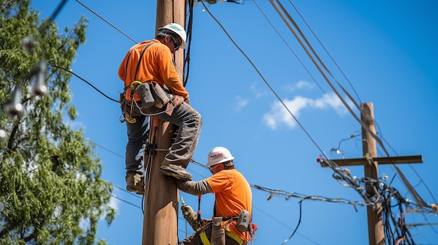 Photo people fixing power lines on tall poles