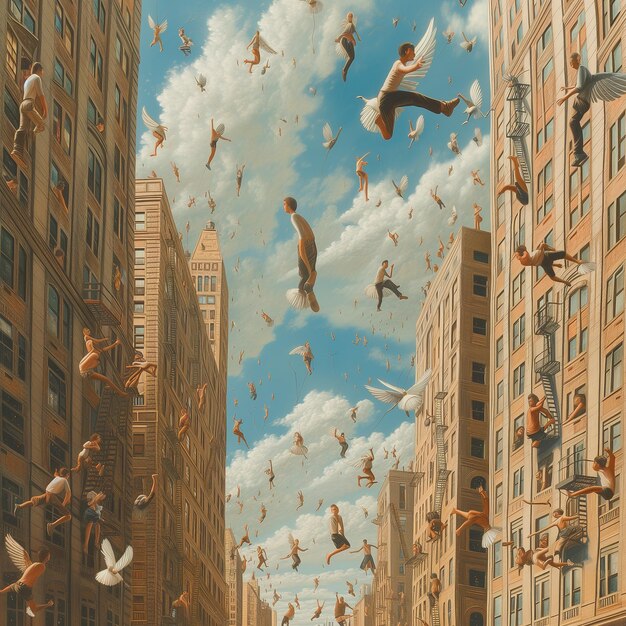 Photo people flying through the air in a city surreal realistic