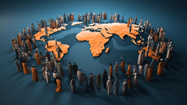 People forming a big group over a world model International migrants day a globe 3D illustration