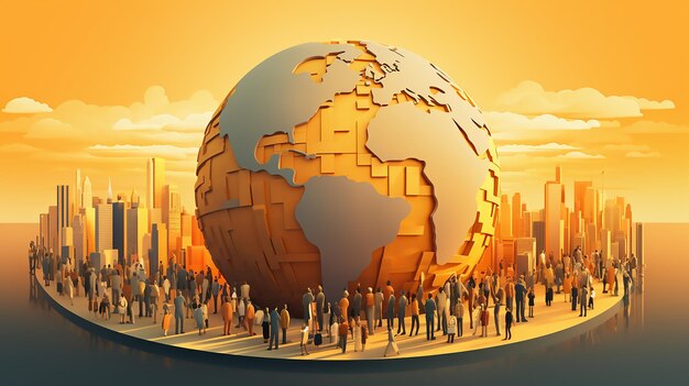 People forming a big group over a world model International migrants day a globe 3D illustration