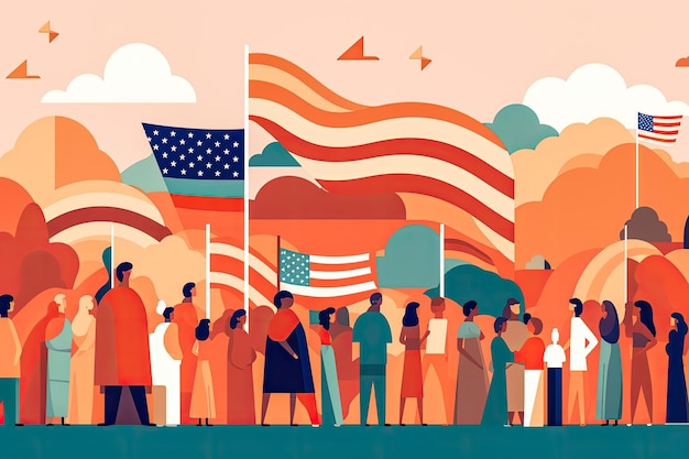 People from all walks of life gather to celebrate the US Independence Day Abstract illustration