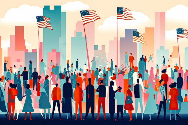 People from all walks of life gather to celebrate the US Independence Day Abstract illustration