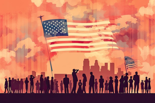 People from all walks of life gather to celebrate the US Independence Day Abstract illustration