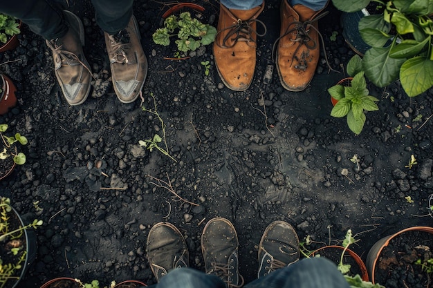 Photo people gardening with old shoes high angle