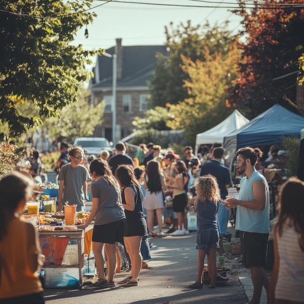 People gather around a food stall on a sunny street