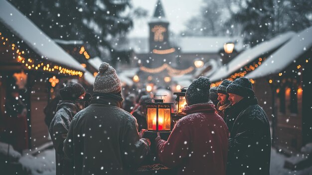 Photo people gather around lanterns at a snowy winter market in a charming village during the holiday season