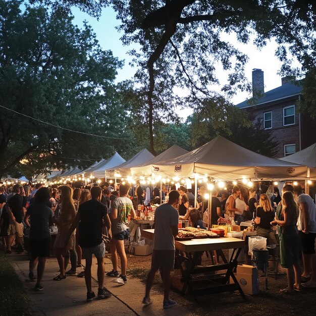 People gather under a canopy of lights at an outdoor market