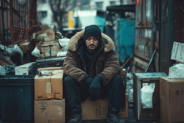 Photo people gather in an urban area using cardboard for shelter amidst garbage highlighting the harsh conditions of city life generative ai