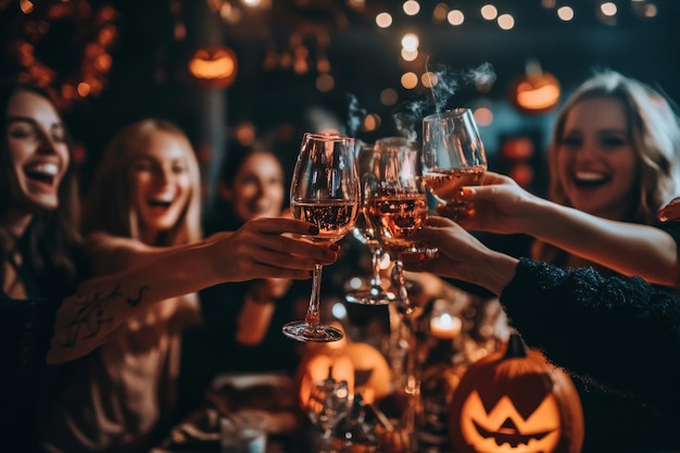 People gathered around a party table celebrating halloween with drinks and pumpkins