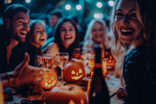 People gathered around a party table celebrating halloween with drinks and pumpkins