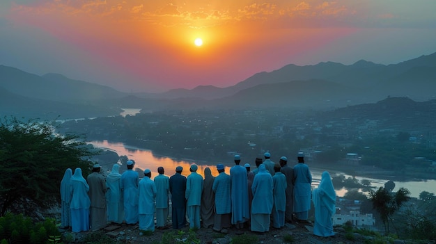 People gathering to welcome the first light of dawn Peaceful Eid alFitr celebration AI Generated