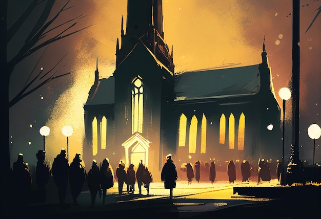 People going to church oil painting Generative AI illustration