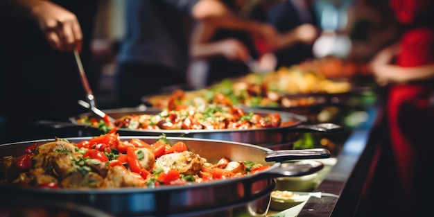 People group catering buffet food indoor in restaurant with it alien food blur background