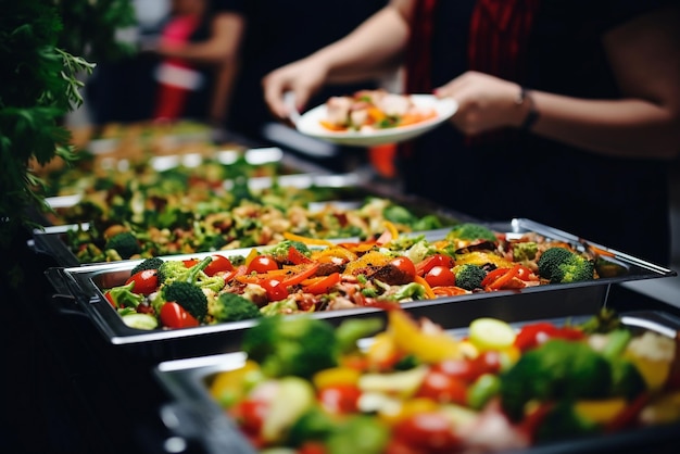 People group catering buffet food indoor in restaurant with meat colorful fruits and vegetables