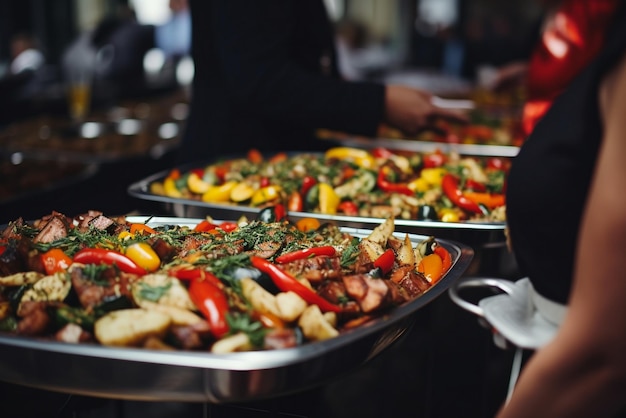 People group catering buffet food indoor in restaurant with meat colorful fruits and vegetables