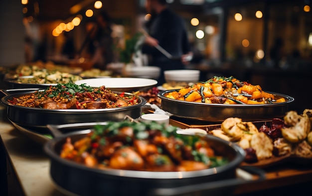 People group catering buffet food indoor in restaurant