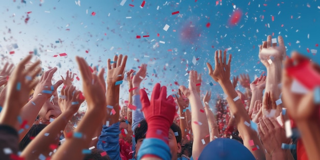 People hands rise up to celebrating party sport winning national event and holiday Generative AI