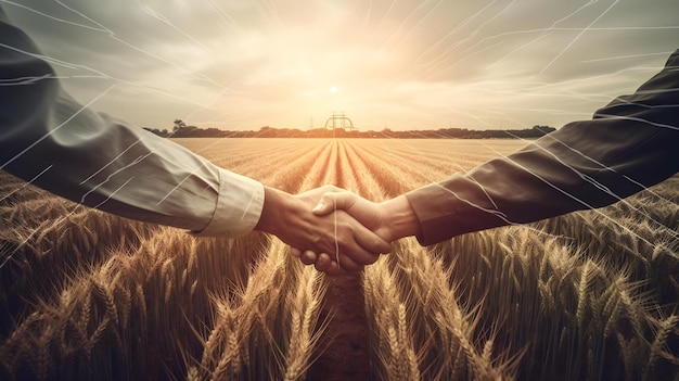 People handshake on agricultural field generative ai technology