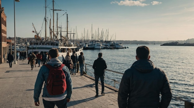 People at harbor against sky