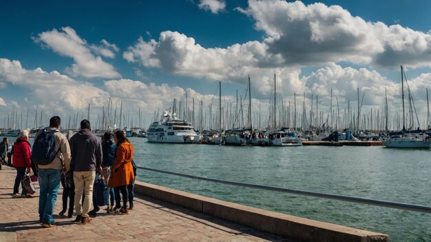 People at harbor against sky