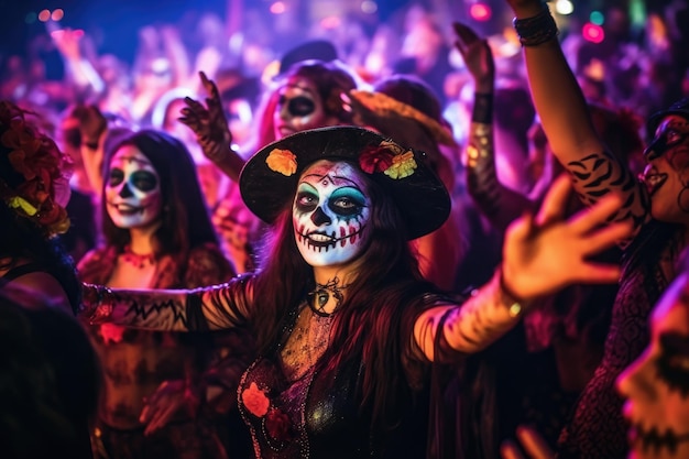 People having fun at Halloween party Cheerful friends dancing in the costumes in nightclub